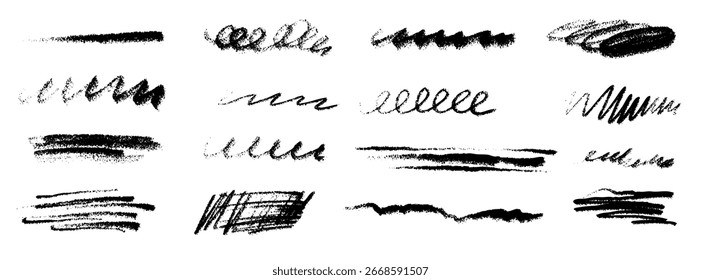 Set of crayon lines and strikethrough in black color. Charcoal isolated elements
