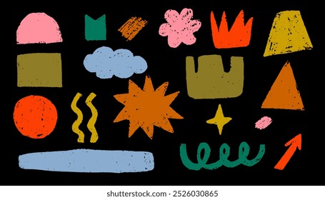 Set Crayon Pencil Brush Shapes. Vector Colorful Crayon texture elements on a black background