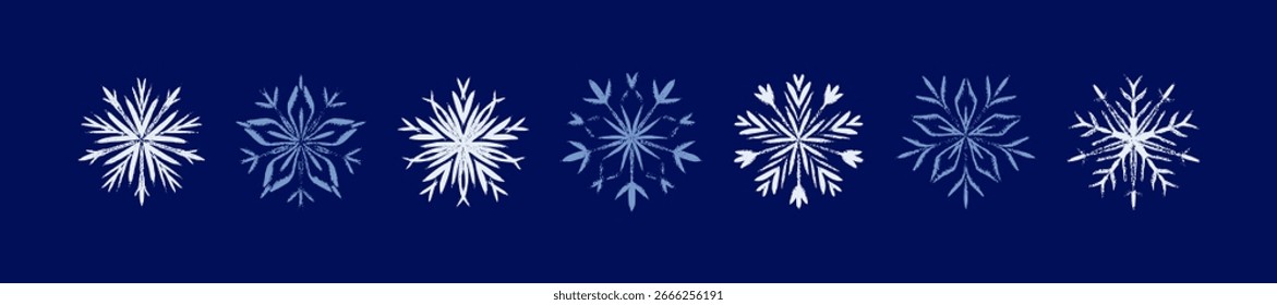 Set of crayon snow flakes on dark blue background. Trendy chalk stretch on the blackboard drawing. Pastel, charcoal, pencil snowflake. Christmas, New year, winter design element, background, border