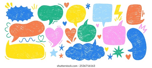 Set of crayon speech bubble or text frames. Colorful pastel, chalk or pencil vector illustration on a white background.