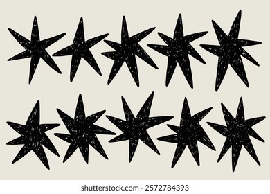 Set Crayon Star Shape. Decorative Starburst Sketch Black Line Symbol. Stylized Whimsical Vector Sparkle Element Decor