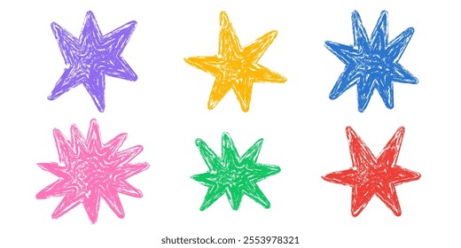 Set crayon stars and glowing symbols in sketch style. Simple pencil scribbled drawings, sparkles with oil pastel wax strokes in kids style.