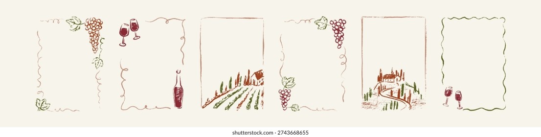 Set of crayon vintage frames for wine label, alcohol packaging, vineyard design, vinery branding. Rectangle hand drawn chalk sketch borders with Tuscany rural agriculture landscape, cypress trees