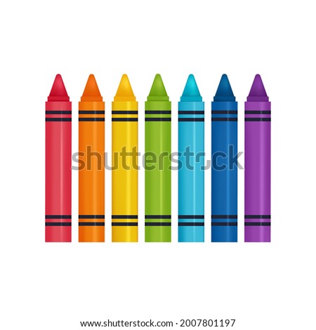 Set of crayons contains seven rainbow colors. Vector isolated illustration