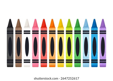 Um conjunto de lápis de cera contém doze cores. Ilustração isolada de vetor em estilo plano