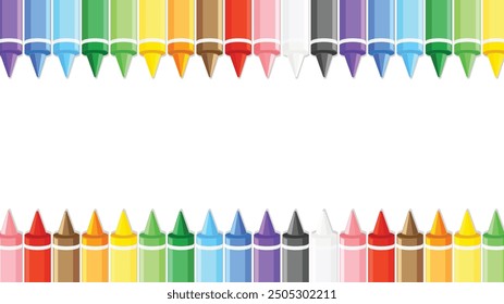 Un conjunto de crayones de diferentes colores sobre fondo blanco. Fondo vacío con crayones multicolores. Regreso a la escuela. Aislar la Ilustración vectorial.