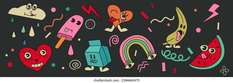 Set of crazy Abstract comic characters elements and shapes. Bright vintage colors Cartoon style. Vector Illustration of Cartoon monsters.