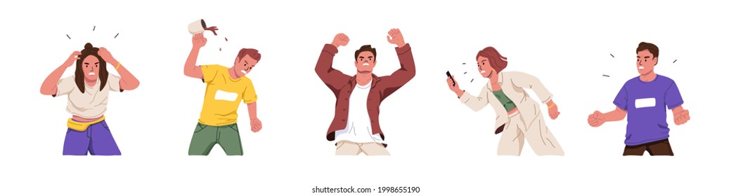 Set of crazy angry people in stress, expressing anger, rage and hate. Negative aggressive emotions of furious men and women. Colored flat graphic vector illustration isolated on white background.