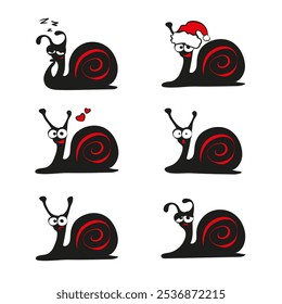 Conjunto de emoções loucas de caracol preto e vermelho. Ilustração de Doodle de personagens de quadrinhos de lesma. Cansado, sonolento, surpreso, Ano Novo, apaixonado, triste, alegre