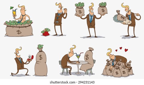 Set of Crazy businessman who loves money, vector