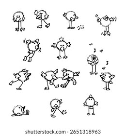 Conjunto de doodles loucos de filhinhos com humor e emoções e cenas da vida. Desenho à mão livre com tinta preta sobre pássaros recém-nascidos