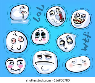 Set of crazy emotional stickers with internet memes for your everyday expressions in social media, chat, messages, mobile and web apps, internet communication and printed material.