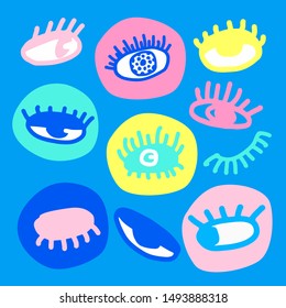 Set of crazy eye doodles. Vector cartoon primitive illustration with colorful human eyes. Hand drawn decorative elements isolated on blue background for print and web.