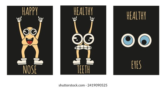 Set crazy medical poster design with Weird monster Character in trendy Rubber Hose style. Groovy Characters can used poster, card and web print. Vector illustration EPS 10