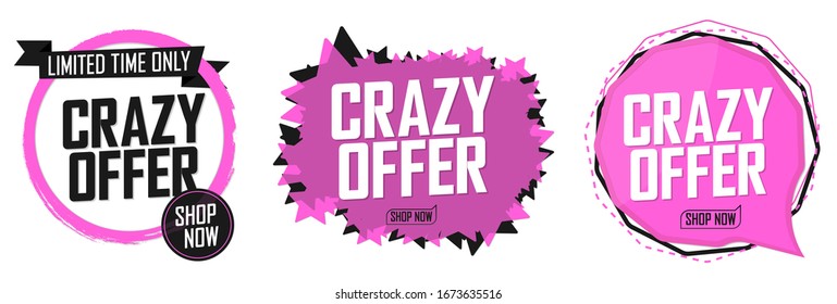 Set Crazy Offer tags, sale banners design template, vector illustration