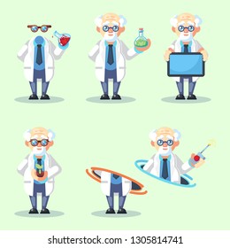 Set of Crazy old scientist is conducting a scientific experiment teleporting Growing plants Invisible messege text board flask. Funny game character. Flat cartoon vector illustration.