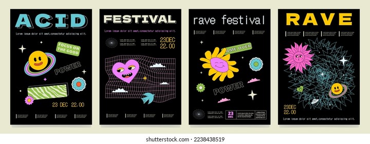 A set of crazy psychedelic posters for a rave festival. Acid artworks.