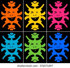 Set of crazy smiling faces on black background. Six colored variant.