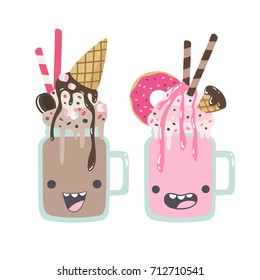 Set of crazy, smiling vector milkshakes illustrations. Non-alcoholic beverages. Sweet, chocolate, strawberry drinks