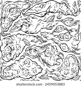 Set of Crazy Weird Fish Monsters, Black and white pattern, creative doodles, Weirdcore art. Vector illustration