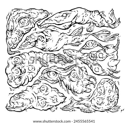 Set of Crazy Weird Fish Monsters, Black and white pattern, creative doodles, Weirdcore art. Vector illustration