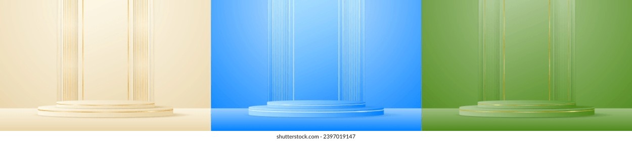 Set of cream, blue, green podiums for displaying advertisements. Display of cosmetic products. Stage or podium. vector illustration	
