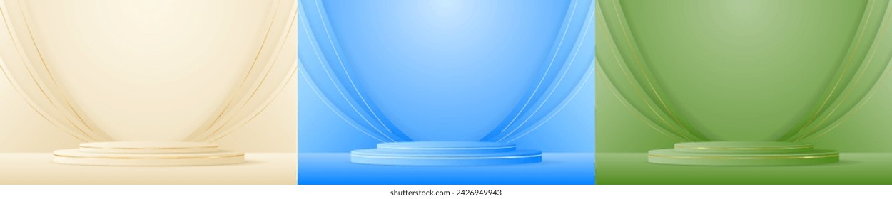 Set of cream, blue, green podiums for displaying advertisements. Display of cosmetic products. Stage or podium. vector illustration	