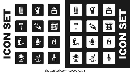 Set Cream cosmetic jar, Electric razor blade, Shaving, Hairbrush, Calendar with haircut day, Medical rubber gloves, Bottle of shampoo and gel foam icon. Vector