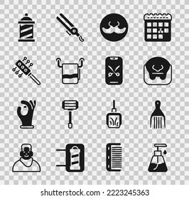 Set Cream cosmetic tube, Barrette, Mustache and beard, Towel on hanger, Hairbrush, Barber shop pole and online service or platform icon. Vector