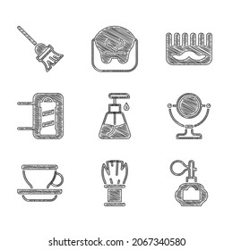 Set Cream cosmetic tube, Shaving brush, Aftershave, Round makeup mirror, Coffee cup, Barber shop pole, Hairbrush and Mop icon. Vector