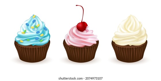 Set of cream cupcakes. Vector illustration. 3d realistic.