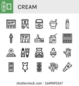 Set von Creme-Symbolen. Zum Beispiel Süßigkeiten, Eiskrem, Sofortkaffee, Sand-Eimer, Deodorant, Dropper, Eiscreme, Massage, Milchkisten, Kekse, Flippern, Aromatherapie, Symbole