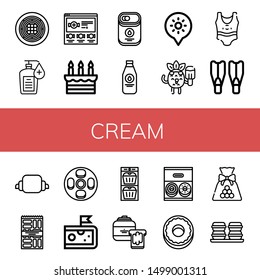 Set of cream icons such as Spaghetti, Hand sanitizer, Candy, Cake, Condensed milk, Milk bottle, Holidays, Popsicle, Swimsuit, Flippers, Croissant, Snack, Cheesecake, Cheese , cream
