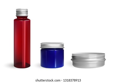Set of cream jars isolated on white background. Skin care product package. Color plastic jar