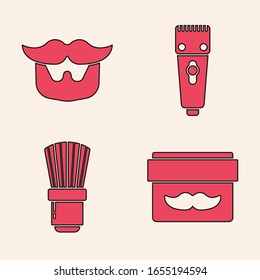Set Cream or lotion cosmetic jar, Mustache and beard, Electrical hair clipper or shaver and Shaving brush icon. Vector