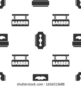 Set Cream or lotion cosmetic jar, Blade razor and Barbershop on seamless pattern. Vector