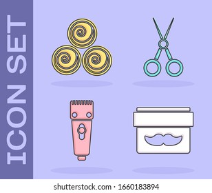 Set Cream or lotion cosmetic jar, Towel rolls, Electrical hair clipper or shaver and Scissors hairdresser icon. Vector
