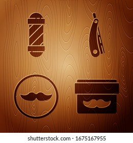 Set Cream or lotion cosmetic jar, Classic Barber shop pole, Mustache and Straight razor on wooden background. Vector