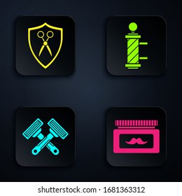 Set Cream or lotion cosmetic jar, Scissors hairdresser and shield, Crossed shaving razor and Classic Barber shop pole. Black square button. Vector