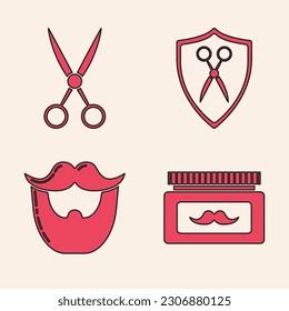 Set Cream or lotion cosmetic jar, Scissors hairdresser, Scissors hairdresser and shield and Mustache and beard icon. Vector