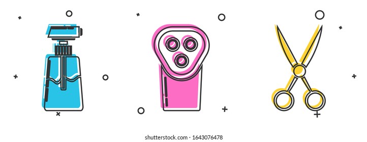 Set Cream or lotion cosmetic tube, Electrical hair clipper or shaver and Scissors hairdresser icon. Vector