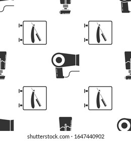 Set Cream or lotion cosmetic tube, Hair dryer and Barbershop with razor on seamless pattern. Vector