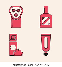 Set Cream or lotion cosmetic tube, Electrical hair clipper or shaver, Aftershave and Shaving gel foam icon. Vector