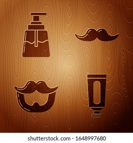 Set Cream or lotion cosmetic tube, Aftershave, Mustache and beard and Mustache on wooden background. Vector