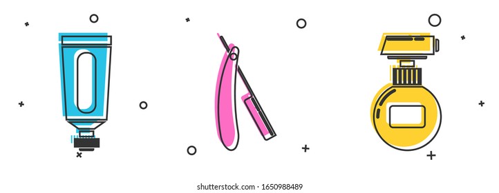 Set Cream or lotion cosmetic tube, Straight razor and Cream or lotion cosmetic tube icon. Vector