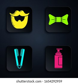 Set Cream or lotion cosmetic tube, Mustache and beard, Curling iron for hair and Bow tie. Black square button. Vector
