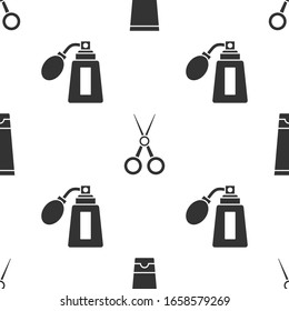 Set Cream or lotion cosmetic tube, Scissors hairdresser and Aftershave bottle with atomizer on seamless pattern. Vector