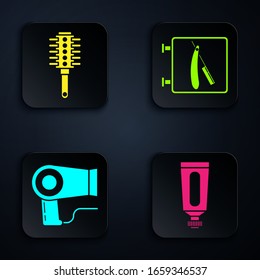 Set Cream or lotion cosmetic tube, Hairbrush, Hair dryer and Barbershop with razor. Black square button. Vector