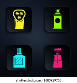 Set Cream or lotion cosmetic tube, Electrical hair clipper or shaver, Aftershave and Shaving gel foam. Black square button. Vector