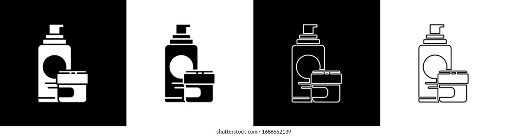 Set Cream or lotion cosmetic tube icon isolated on black and white background. Body care products for men.  Vector Illustration